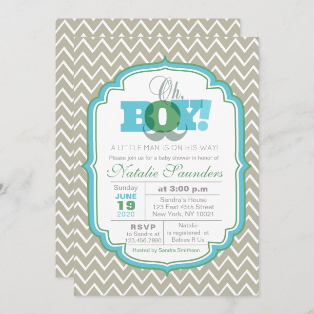 Oh Boy Blue and Green Moustache Baby Shower Invitation (Front/Back)
