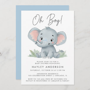 Oh Boy Blue Baby Elephant Baby Shower Invitation