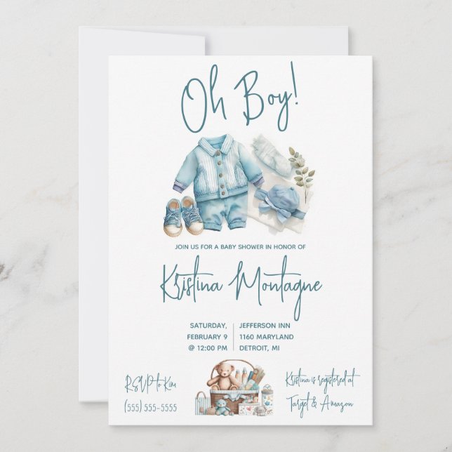 Oh Boy!  Blue Baby Layette Baby Shower Invitation (Front)