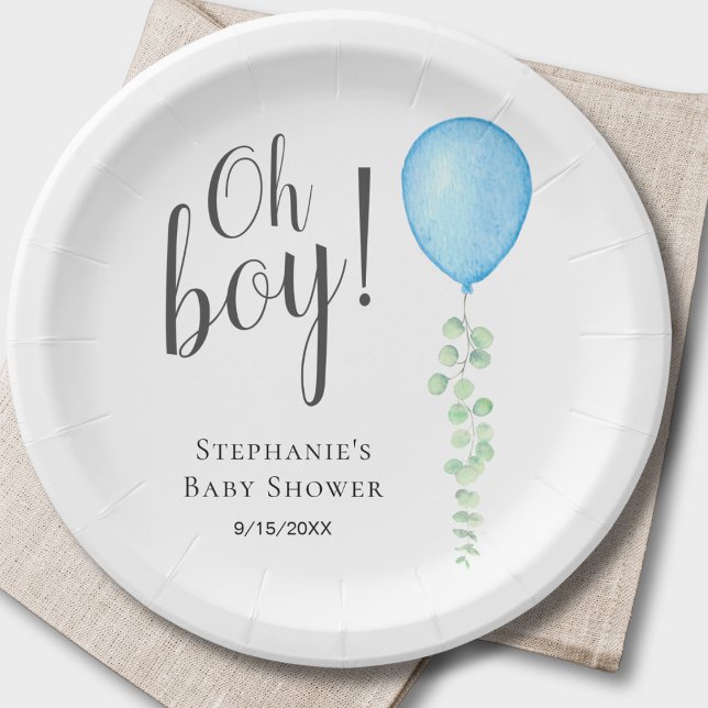 Oh Boy Blue Balloon Boy Baby Shower  Paper Plate (Creator Uploaded)