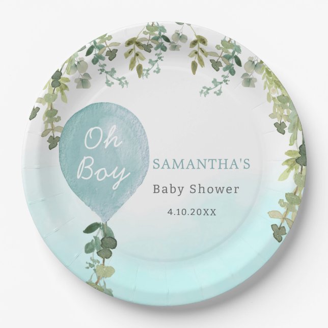 Oh boy blue balloon cute greenery baby shower paper plate (Front)