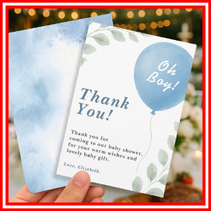 Oh Boy Blue Balloon Eucalyptus Baby Shower Thank You Card