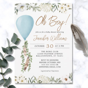 Oh Boy Blue Balloon Eucalyptus Flowers Baby Shower Invitation