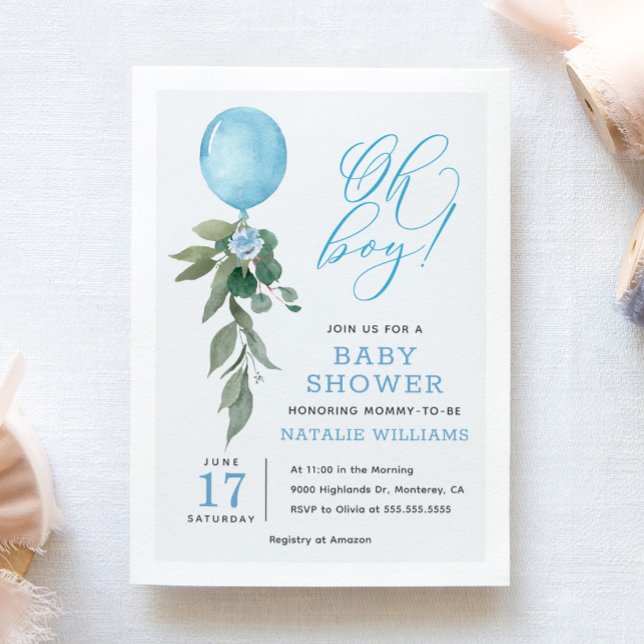 Oh Boy Blue Balloon Greenery Baby Shower Invitation (Creator Uploaded)