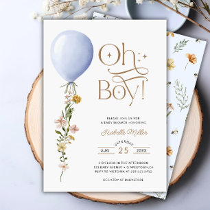 Oh Boy Blue Balloon Wildflower Baby Shower Invitation
