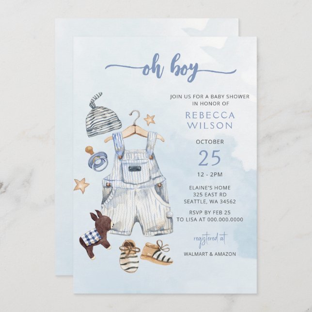 Oh Boy Blue Boho Boy Baby Shower Invitation (Front/Back)