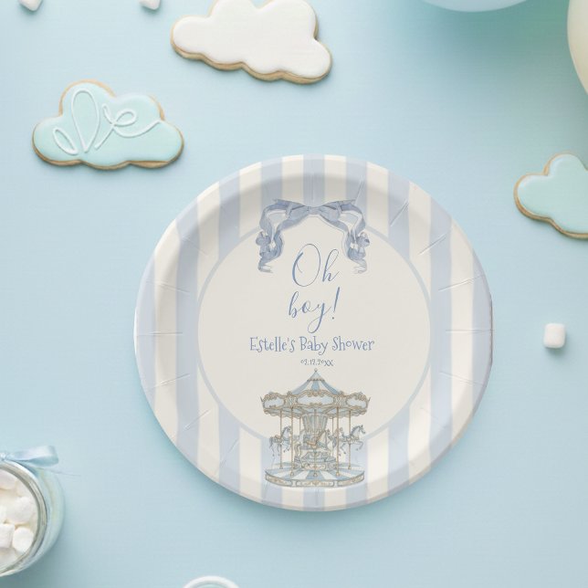 Oh Boy Blue Bow Carousel French Baby Shower Paper Plate (Creator Uploaded)