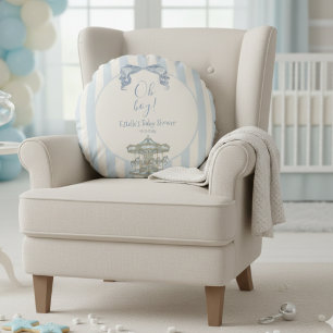 Oh Boy Blue Bow Carousel Stripe Baby Shower Round Cushion