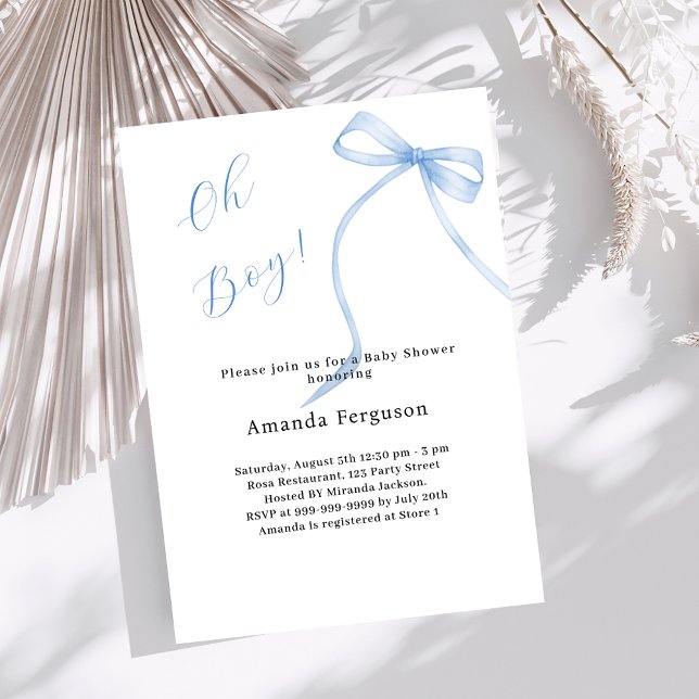 Oh boy blue bow simple elegant Baby Shower Invitation (Creator Uploaded)