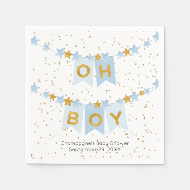 Oh Boy Blue Bunting Flags Baby Shower Napkin (Front)