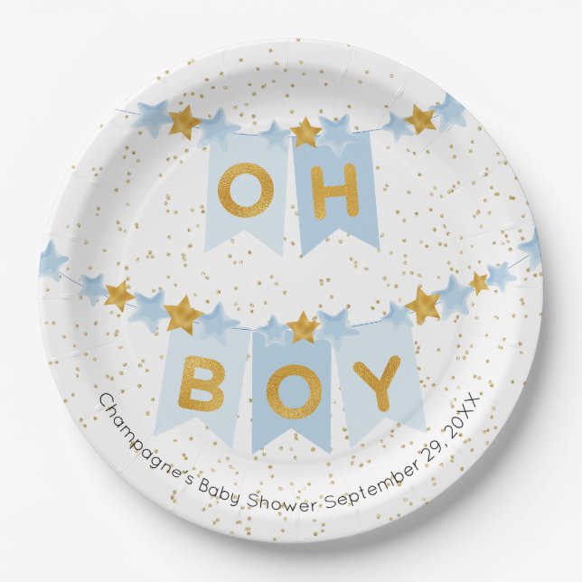 Oh Boy Blue Bunting Flags Baby Shower Paper Plate (Front)