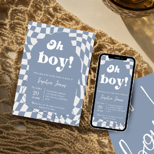 Oh Boy! Blue Chequered Gingham baby shower Invitation