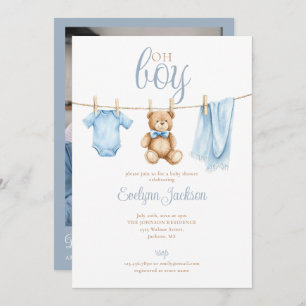 Oh Boy Blue Clothesline Baby Shower Photo QR Code Invitation