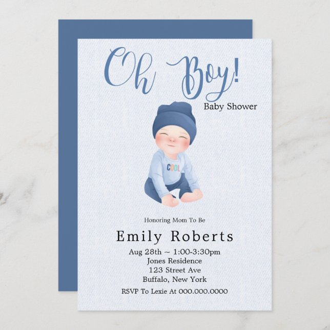 Oh Boy blue  Denim Cartoon Baby Shower Invitations (Front/Back)