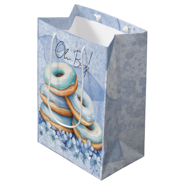 Oh Boy Blue Doughnuts Baby Shower Medium Gift Bag (Front Angled)