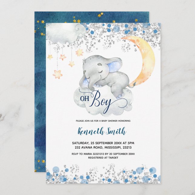 Oh Boy Blue Elephant Baby Shower Invitation (Front/Back)