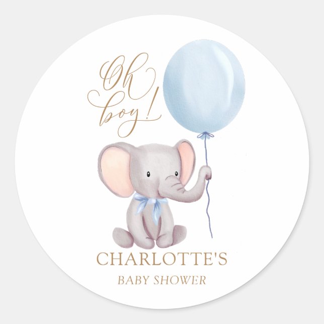 Oh Boy Blue Elephant Balloon Baby Shower Sticker (Front)