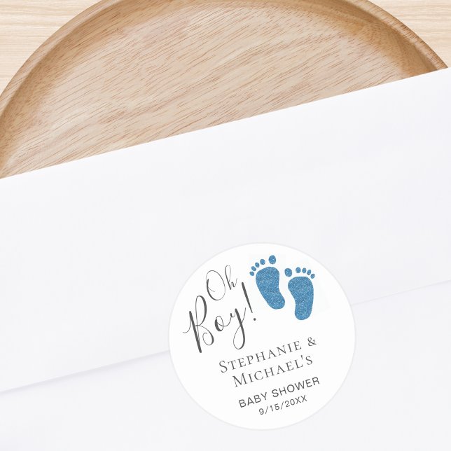 Oh Boy Blue Feet Couples Baby Shower Classic Round Sticker (Creator Uploaded)
