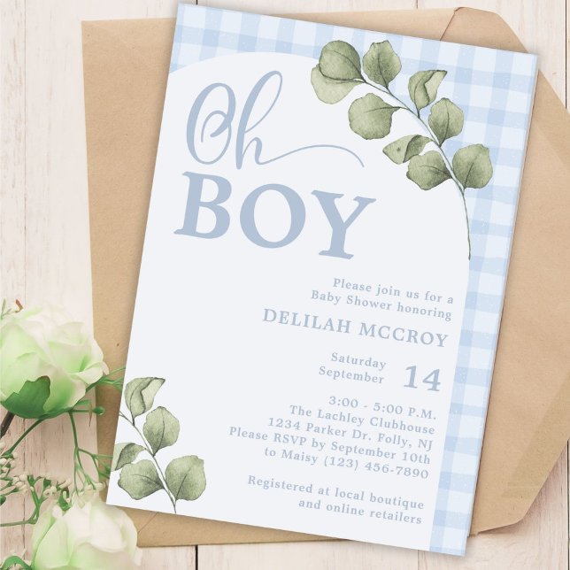 Oh Boy Blue Gingham and Greenery Baby Shower Invitation (Creator Uploaded)