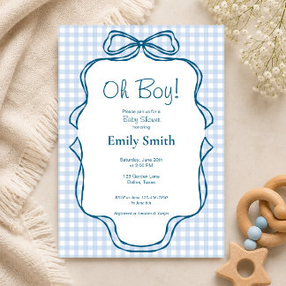 Oh Boy Blue Gingham Baby Shower Invitation