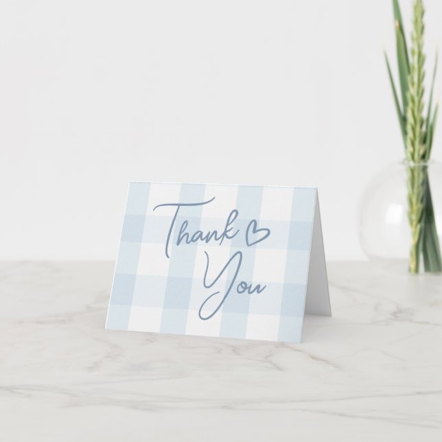 Oh Boy Blue Gingham Baby Shower Thank You Card (Front)
