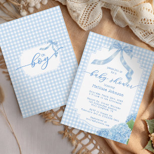 Oh Boy Blue Gingham Plaid Hydrangea Baby Shower Invitation
