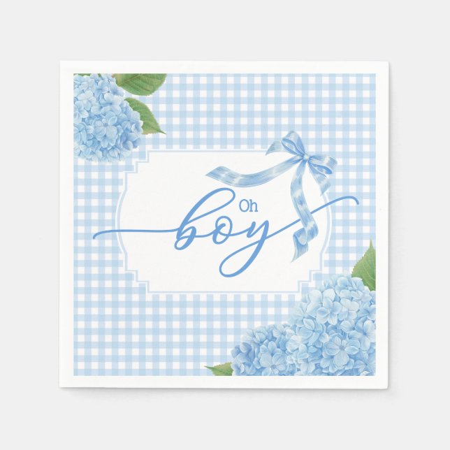 Oh Boy Blue Gingham Plaid Hydrangea Baby Shower Na Napkin (Front)