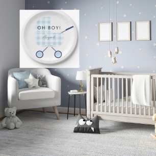 Oh Boy Blue Gingham Pram Baby Shower Paper Plate