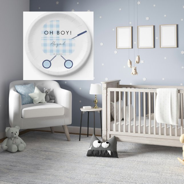 Oh Boy Blue Gingham Pram Baby Shower Paper Plate (Creator Uploaded)