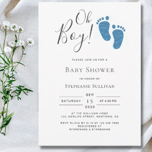 Oh Boy Blue Glitter Feet Boy's Baby Shower Invitation