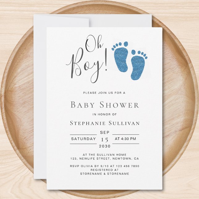 Oh Boy Blue Glitter Feet Boy's Baby Shower Invitation (Creator Uploaded)