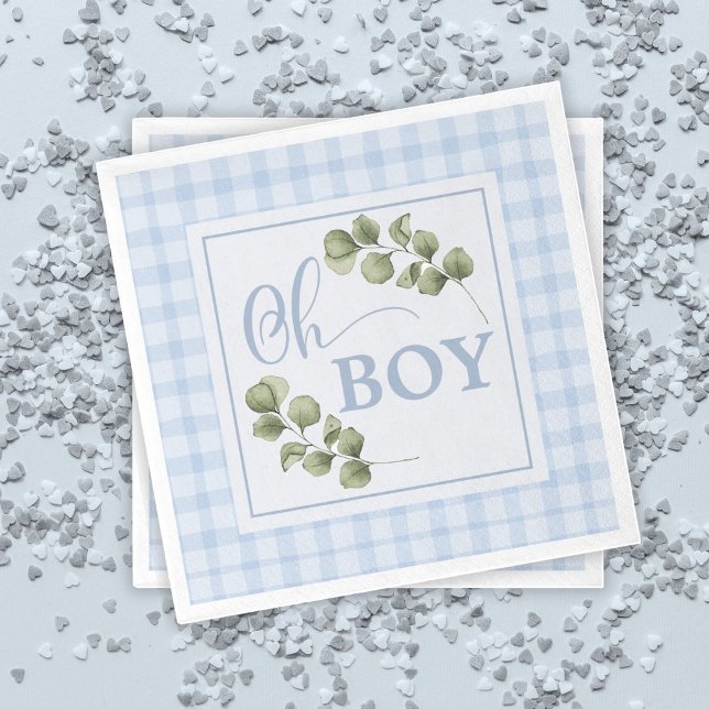 Oh Boy Blue Greenery and Gingham Baby Shower Napkin (Creator Uploaded)