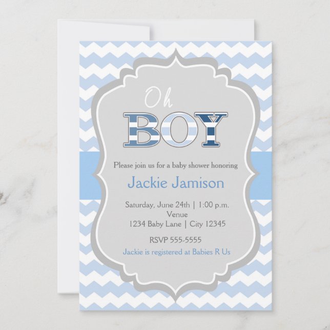 Oh Boy Blue Grey Chevron Baby Shower Invitation (Front)