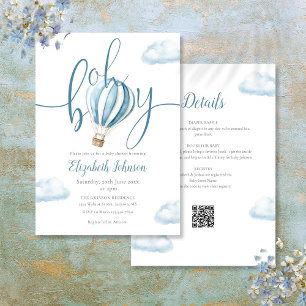 Oh Boy Blue Hot Air Balloon All In One Baby Shower Invitation