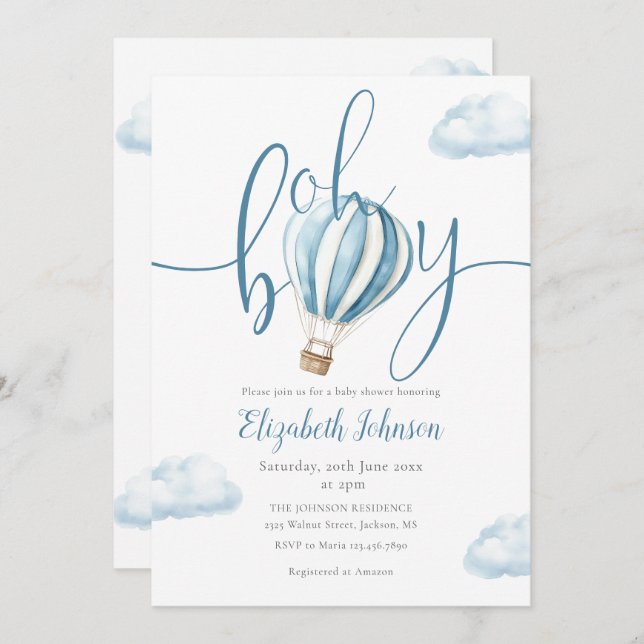 Oh Boy Blue Hot Air Balloon Baby Shower Invitation (Front/Back)