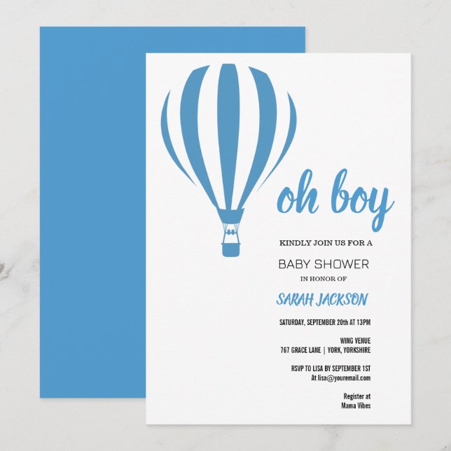 Oh Boy Blue Hot Air Balloon Baby Shower  Invitation (Front/Back)