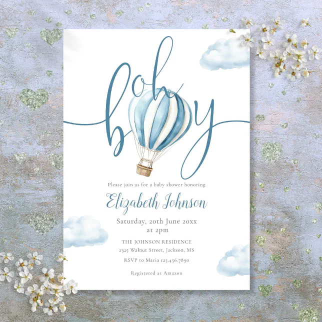 Oh Boy Blue Hot Air Balloon Baby Shower Invitation | Zazzle