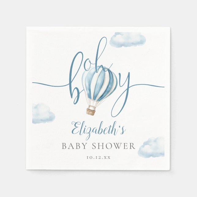 Oh Boy Blue Hot Air Balloon Baby Shower Napkin (Front)