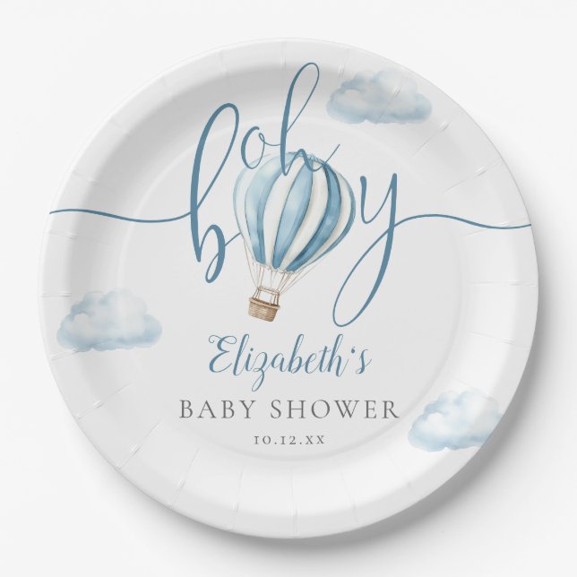 Oh Boy Blue Hot Air Balloon Baby Shower Paper Plate (Front)