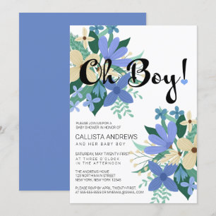 Oh Boy Blue Ivory Floral Bouquet Baby Shower Invitation
