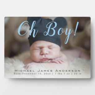 Oh Boy! Blue Modern Script New Baby Boy Keepsake Plaque