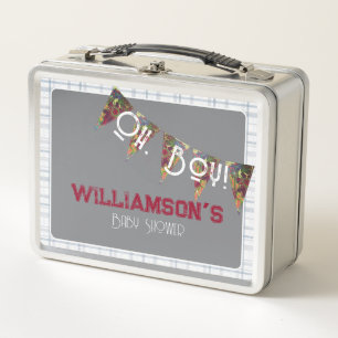 Oh, Boy!-Blue plaid and hand painted bunting Metal Lunch Box
