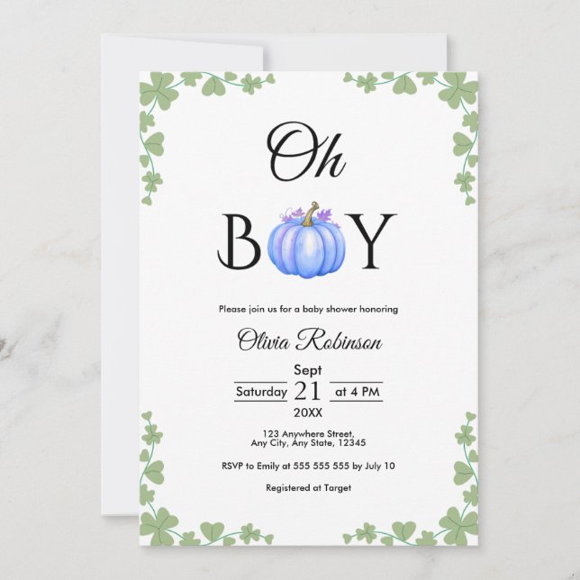 Oh Boy Blue Pumpkin Fall Baby Shower  Invitation (Front)