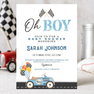 Oh Boy Blue Race Car Baby Shower Invitation