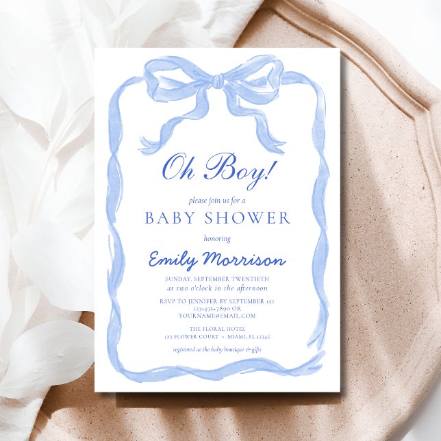 Oh Boy Blue Ribbon Bow Baby Shower Invitation (Creator Uploaded)