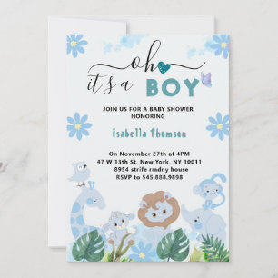 Oh Boy blue safari animals boy baby shower Invitation