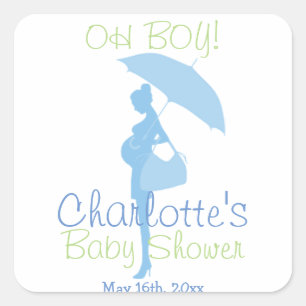 OH BOY! Blue Silhouette Baby Shower Square Sticker