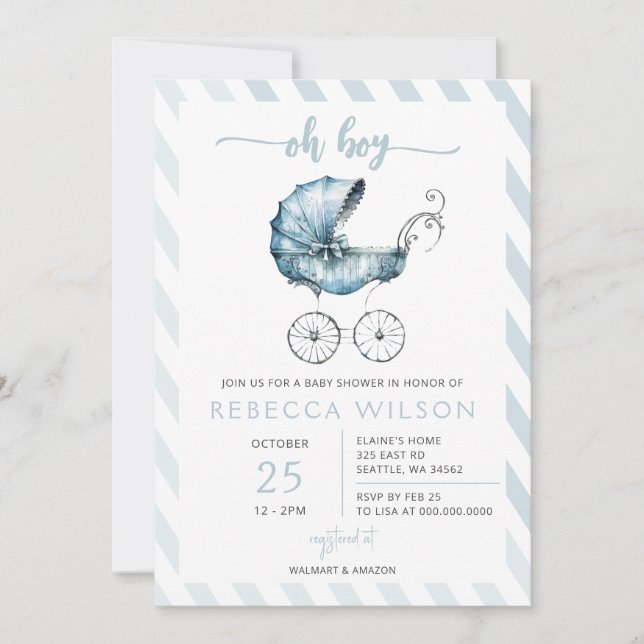 Oh Boy Blue Stroller Pram Boy Baby Shower  Invitation (Front)