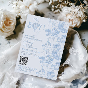 Oh Boy Blue Toile Safari Animal Baby Shower Invitation