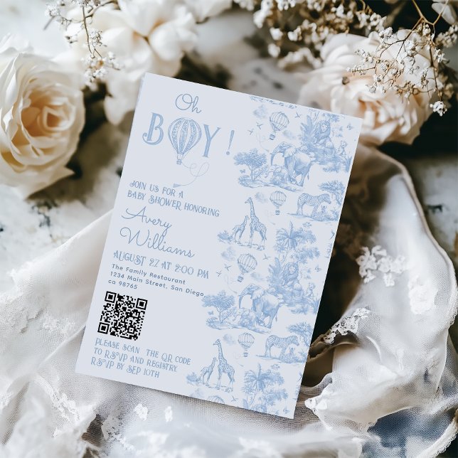 Oh Boy Blue Toile Safari Animal Baby Shower Invitation (Creator Uploaded)